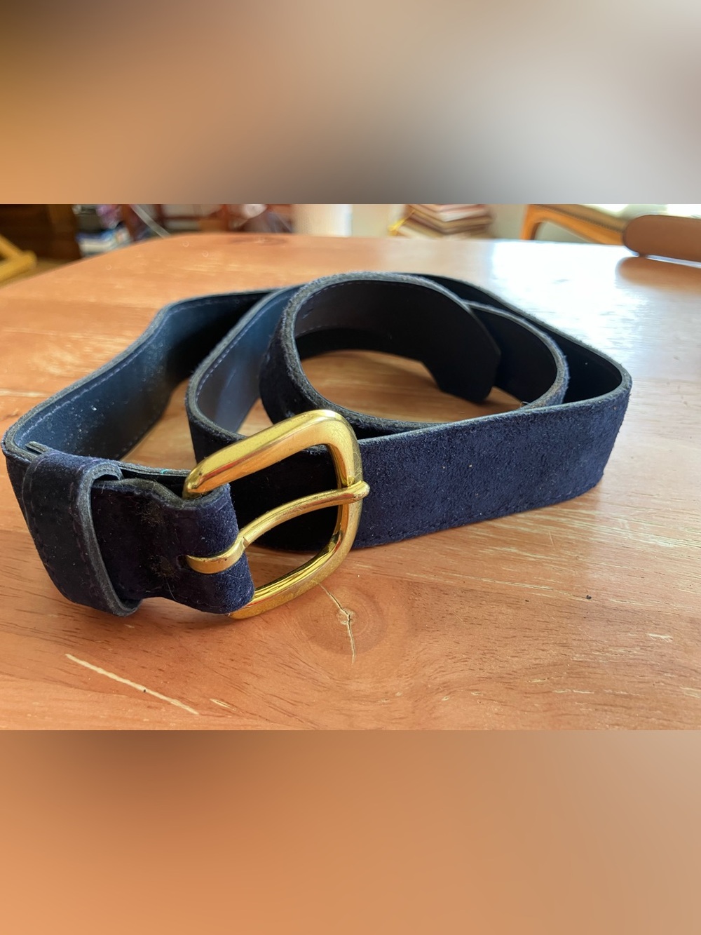 Navy Suede Belt with Gold Buckle
